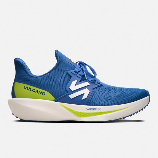 Zapatillas Hombre Magma Azul Vulcano con diseño tipo calcetín, suela VaporTec y detalles en verde neón para running diario y carreras cortas.