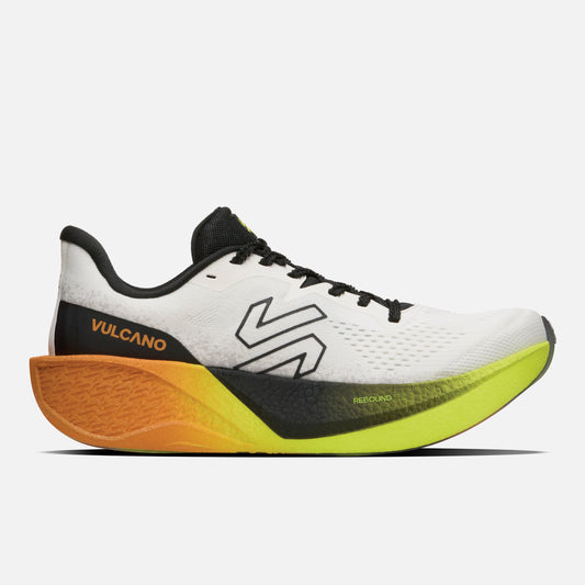 Zapatilla Nazca Blanco/Naranjo Vulcano para hombre con diseño aerodinámico y suela ReboundTec en degradado verde a naranja, ideal para running.