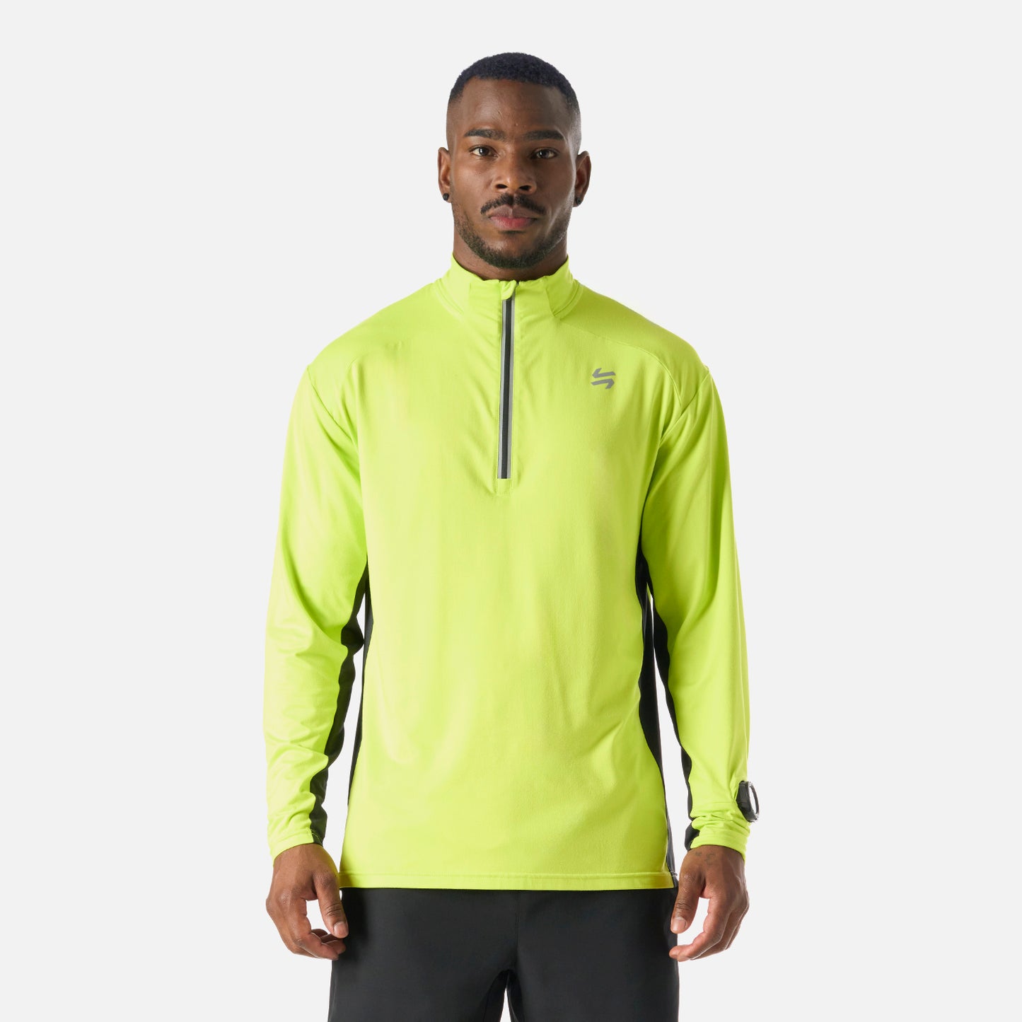 Polerón Hombre Tempo 1/4 Zip Midlayer Verde Lima Vulcano con cierre frontal, ideal para entrenamiento y running en invierno.