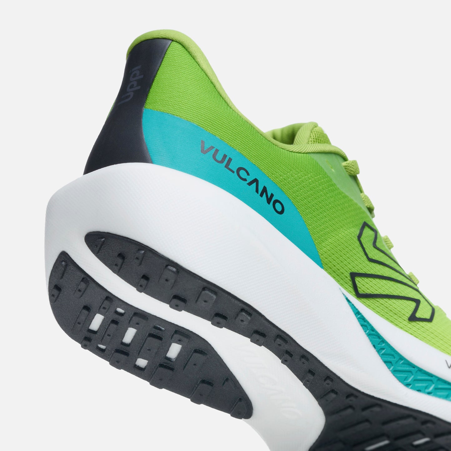 Detalle del talón de las Zapatillas Hombre Epicenter Verde Lima Vulcano con logo VULCANO y suela VaporTec para amortiguación avanzada.