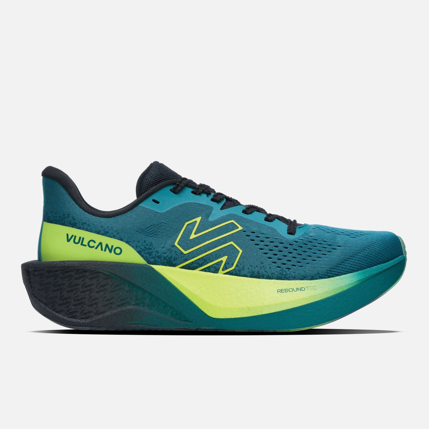 Zapatilla deportiva Nazca para hombre en tonos petróleo y verde lima, con suela alta y tecnología ReboundTec ideal para running de alto rendimiento.