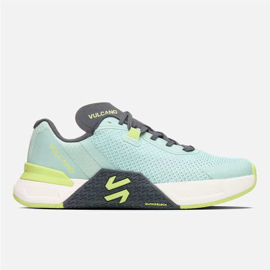 Zapatillas Mujer No Gravity Jade Vulcano en color verde jade con detalles grises y suela tecnológica QuakeBlock, ideales para entrenamiento y pesas.
