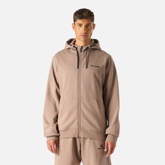 Polerón Hombre Cool Down Full Zip Sweatshirt Hoody Taupe Vulcano con cierre completo, capucha y bolsillos frontales, ideal para invierno 2025.
