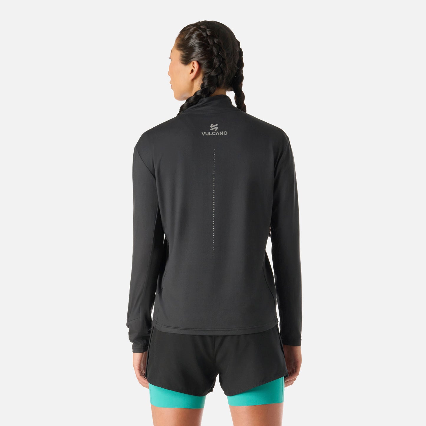 Espalda del Polerón Mujer Tempo 1/4 Zip Midlayer Negro Vulcano con logo Vulcano y detalles reflectantes, ideal para deportes al aire libre.