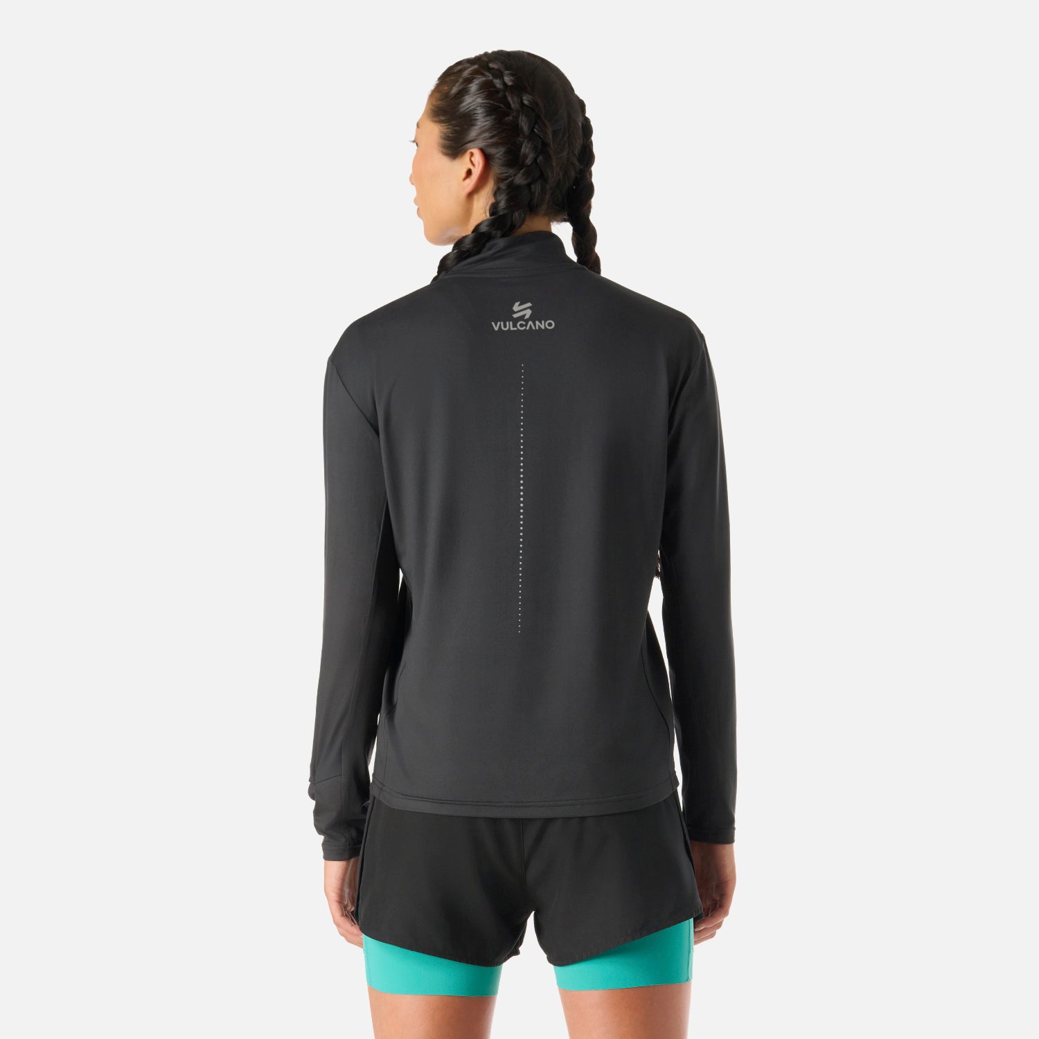 Espalda del Polerón Mujer Tempo 1/4 Zip Midlayer Negro Vulcano con logo Vulcano y detalles reflectantes, ideal para deportes al aire libre.