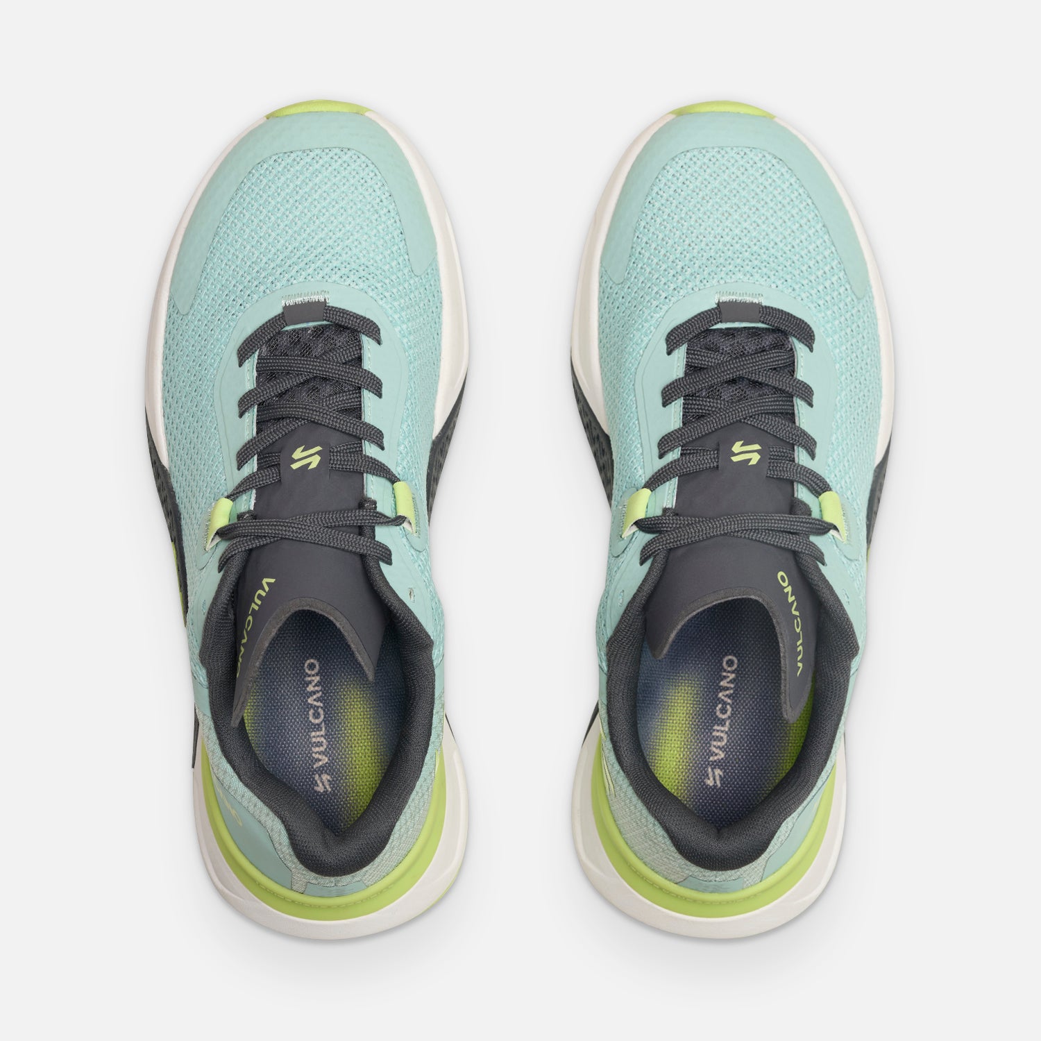 Zapatillas Mujer No Gravity Jade Vulcano en vista superior, diseño ergonómico con malla transpirable y detalles en verde lima para entrenamiento intenso.