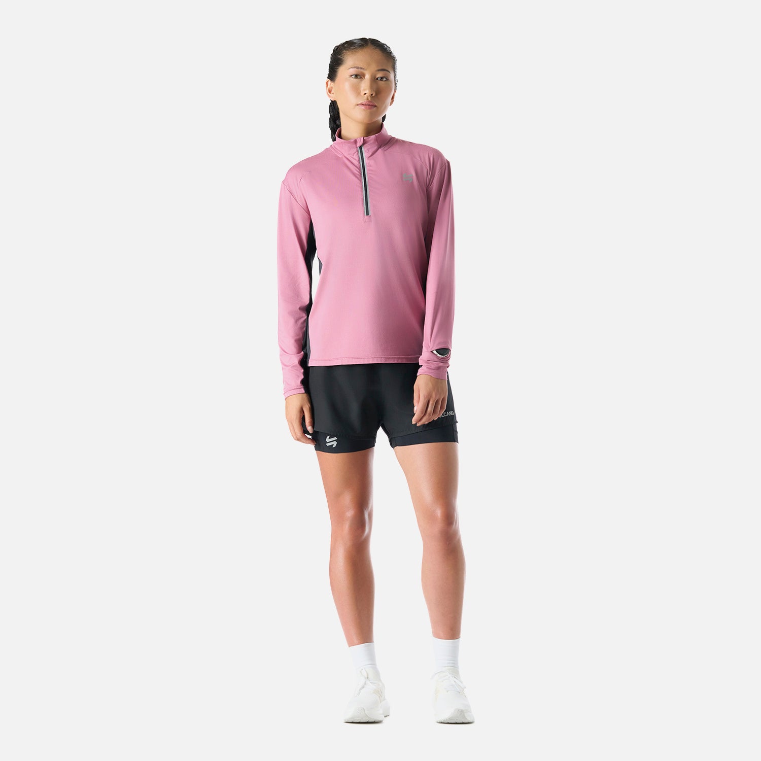 Vista frontal completa del Polerón Mujer Tempo 1/4 Zip Midlayer Rosado Vulcano, perfecto para entrenamientos de invierno y actividades outdoor.